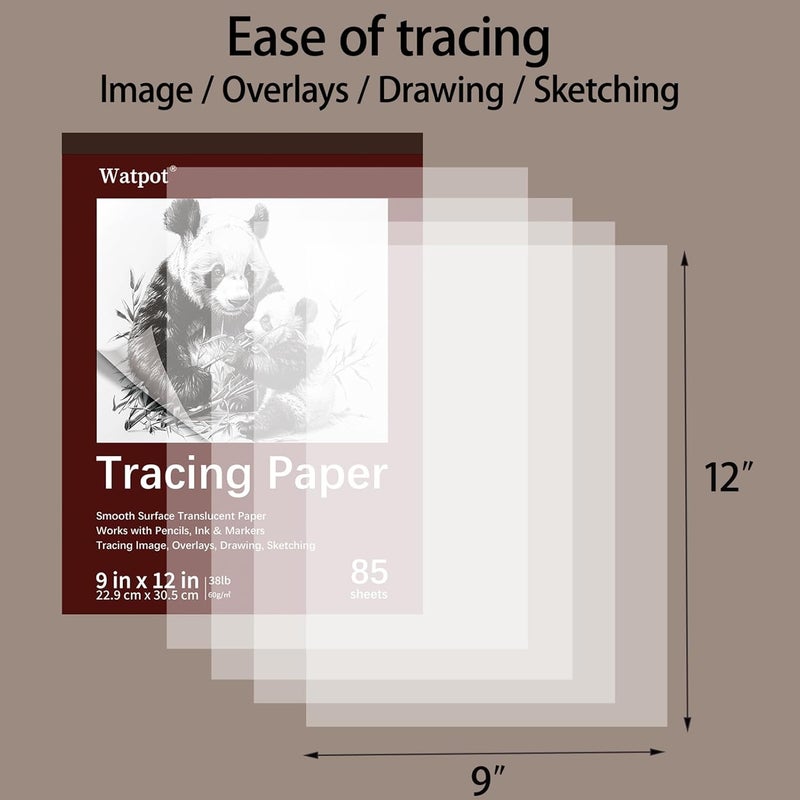 Watpot Tracing Paper 9x12 inch, 85 Sheets Translucent Tracing Paper Pad, 38lb/60gsm Vellum Art Paper Works with Pencil, Marker and Ink - Image 4